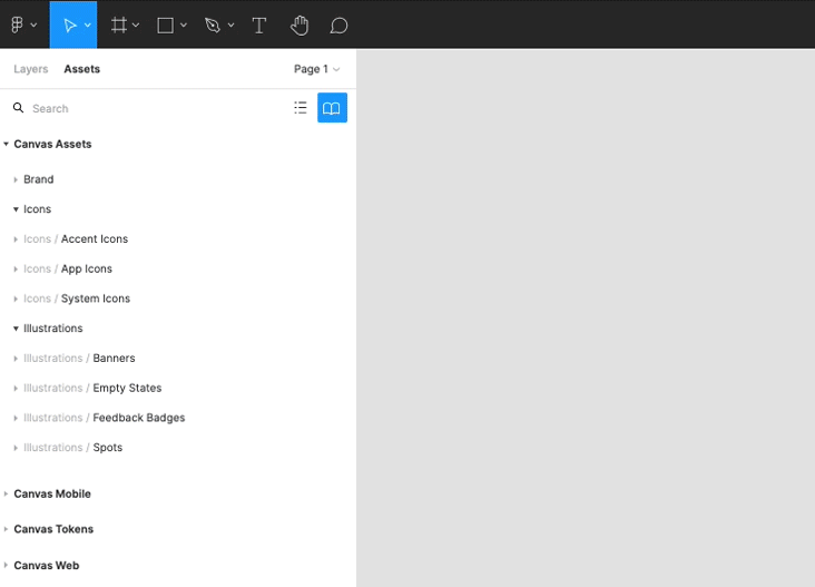Searching figma for assets. Dragging button on to Figma artboard.