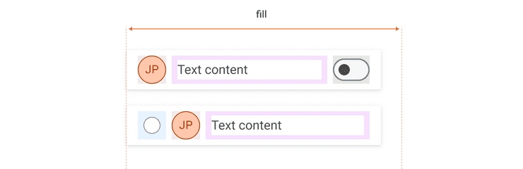Selection, lead, label, and trail content areas in list items