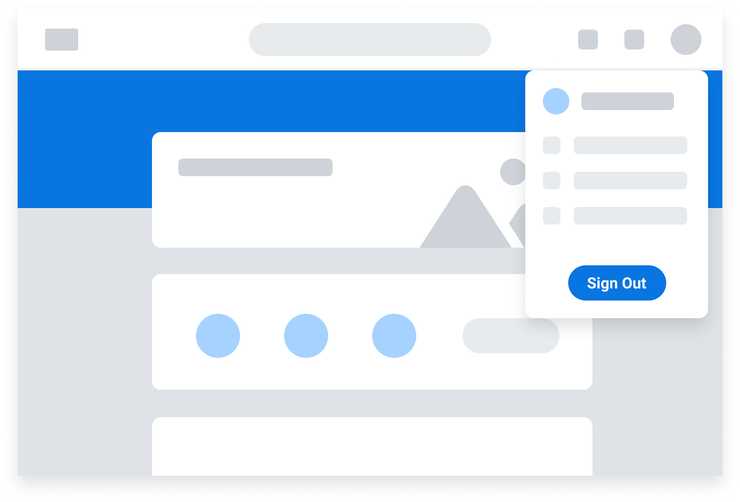 Low fidelity illustration of profile menu open on Home. Primary button is centered on the menu and reads “Sign Out”.
