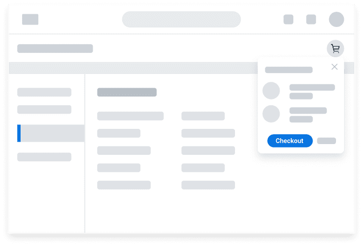 Low-fidelity illustration of a checkout page. A cart icon Button opens a Dialog component with a Primary Button that reads “Checkout”.