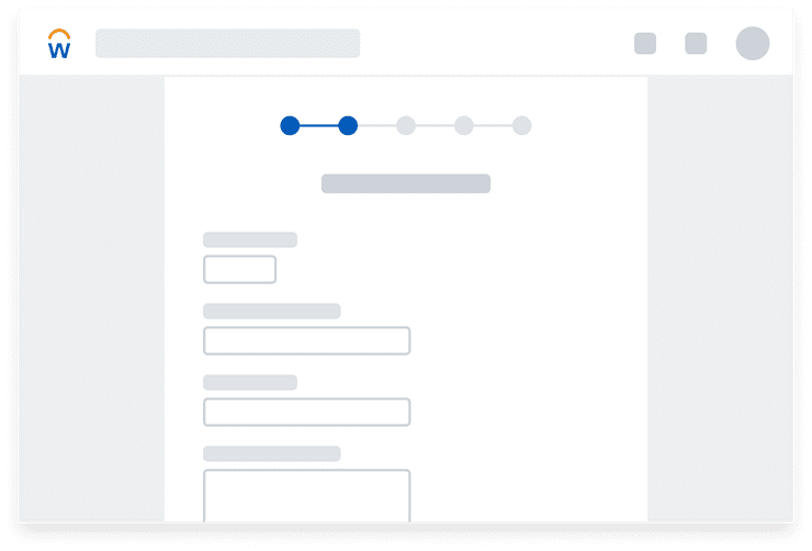 Low-fidelity illustration of a web page with a multi-step form. A horizontal progress indicator is positioned at the top of the page on the second of five steps.