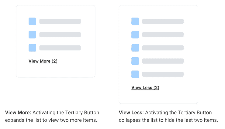 Low-fidelity illustration of a container View More (2) and View Less (2) Tertiary Buttons at the bottom of a list. Activating the View More Button expands the container to show 2 more items. Activating the View Less Button collapses the list to hide the last two items.
