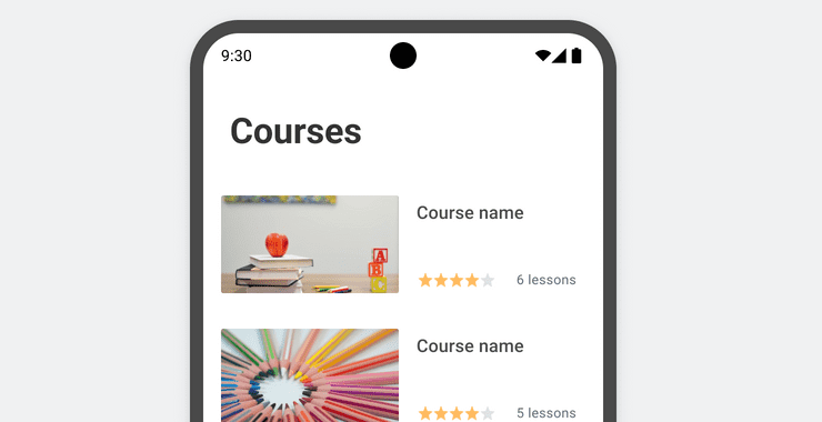 A list of courses, with a leading 16:9 image.