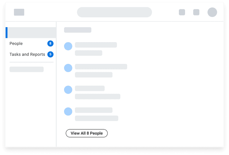 Low-fidelity illustration of a search results page. Activating the “View All 8 People” Button takes the user to the People results page.