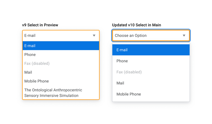 Image displaying the before view (Select in Preview for v9) and the after view (updated v10 Select component in Main)