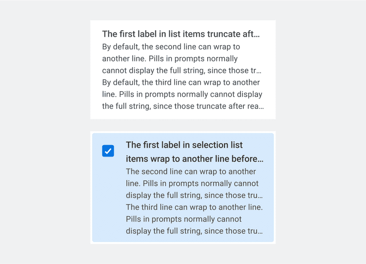 Selection list items - first line truncates after two lines. Without a selection, the first line truncates after 1 line. Subsequent lines truncate after 3 lines.