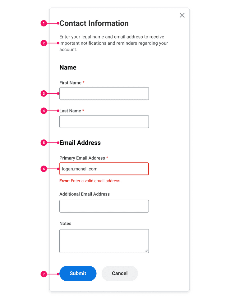 Contact Information form with annotations.