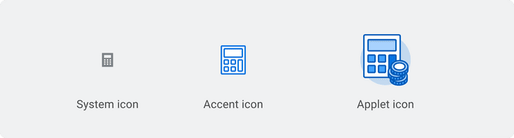 Example of a system icon an accent icon and an applet icon side by side