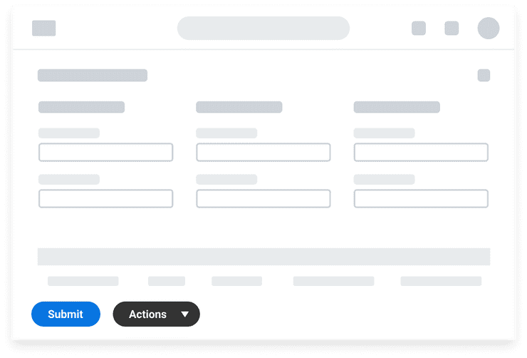 Low-fidelity illustration of an edit page with an Action Bar. Action Bar has a left-aligned Primary Button and a Secondary Button to the right. Secondary Button is active and opens a menu with options.