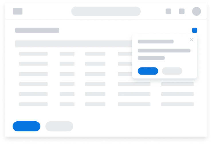 Low-fidelity representation of a Dialog component positioned on top of a Table. The Dialog is pinned to an icon.