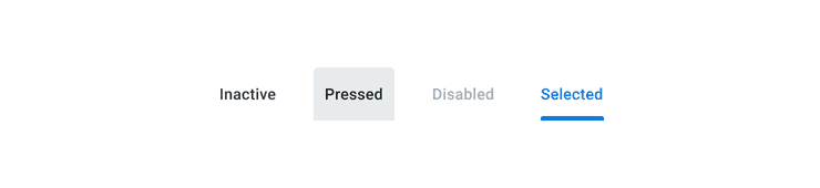 Image of Tab interaction states of Pressed, Selected, and Disabled.