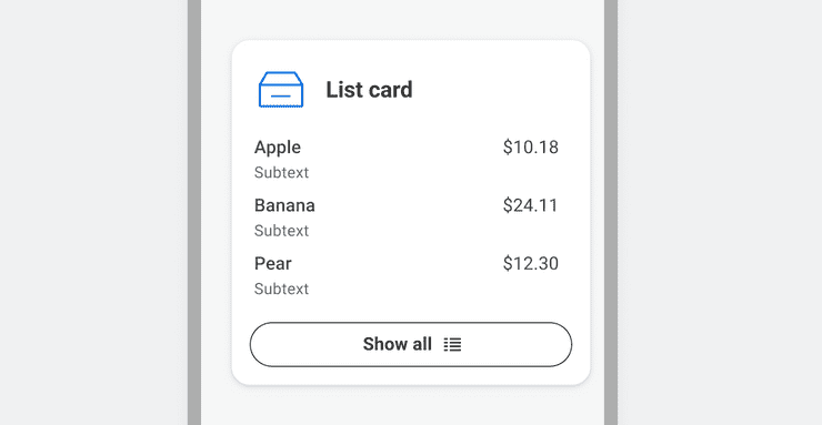A list with padding removed, placed in a Card container.