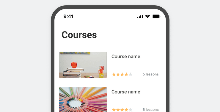 A list of courses, with a leading 16:9 image.