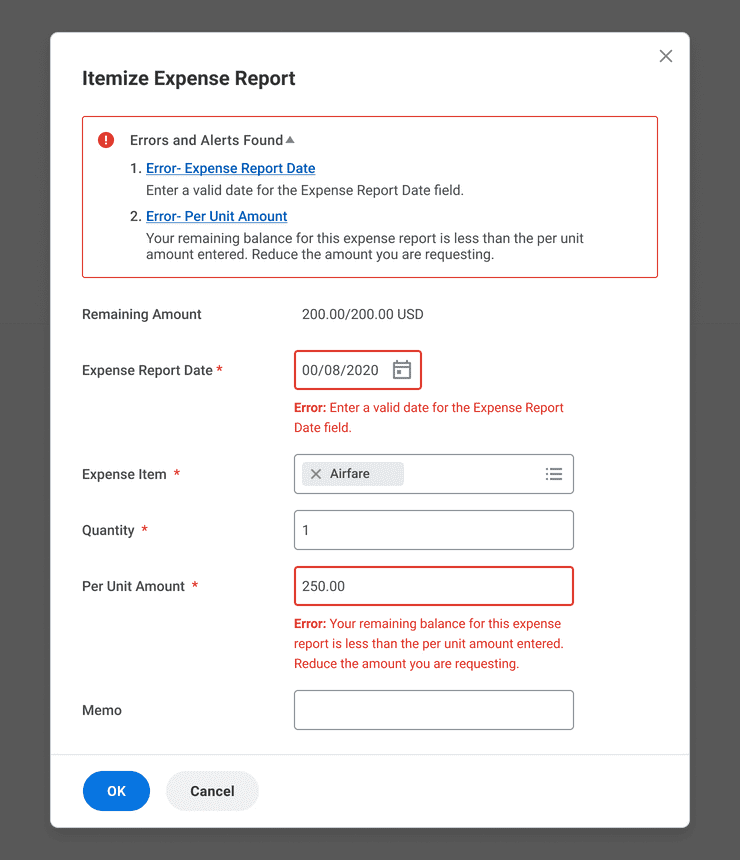 A Modal component containing two errors. A list of the two errors is positioned at the top of the Modal. The corresponding Modal elements in error have a red border and an error message positioned directly below the inputs.