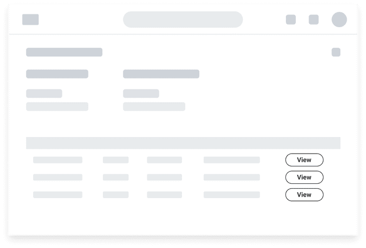 Low-fidelity illustration of a table on a view page with secondary Buttons per row.